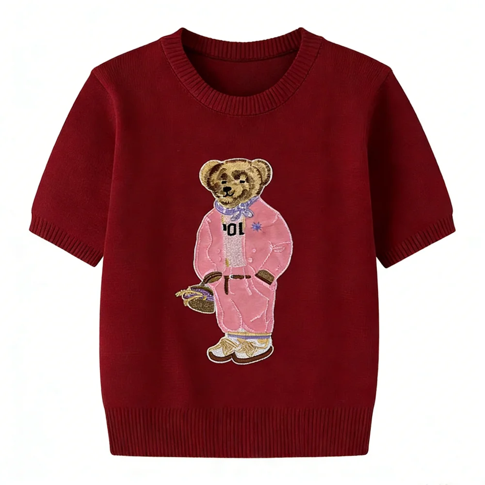 เสื้อสเวตเตอร์ถักไหมพรมผู้หญิงสไตล์เกาหลีลายการ์ตูนปักแขนสั้นเนื้อบางเบาใส่สบายสำหรับฤดูร้อน