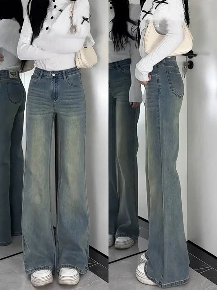 

Расклешенные джинсы в стиле ретро, женские свободные брюки для похудения, длинные брюки с высокой талией, повседневные брюки для груши, осенние новые A...