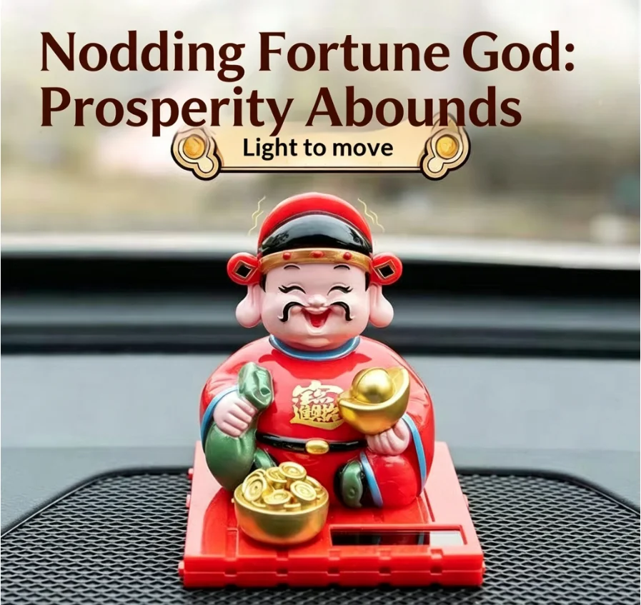 Solar Shaking Buddha God of Wealth Car Decor, No Block View Nodding Ornament, Fortune Blessing Ruyi Peace Figurine Gift