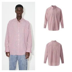 Vintage Style 1:1 OUR LEGACY Lapel Pink Shirt Plaid Loose Mens Womens Shirt Premium Long Sleeve Shirt