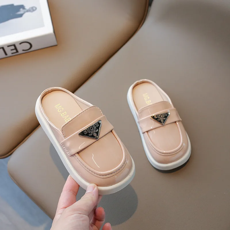 Spring Summer Kids Leather Shoes Closed Toe Fashion Loafers Princess Slip on Solid Half Slippers Soft Sole Non-slip Girls Shoes