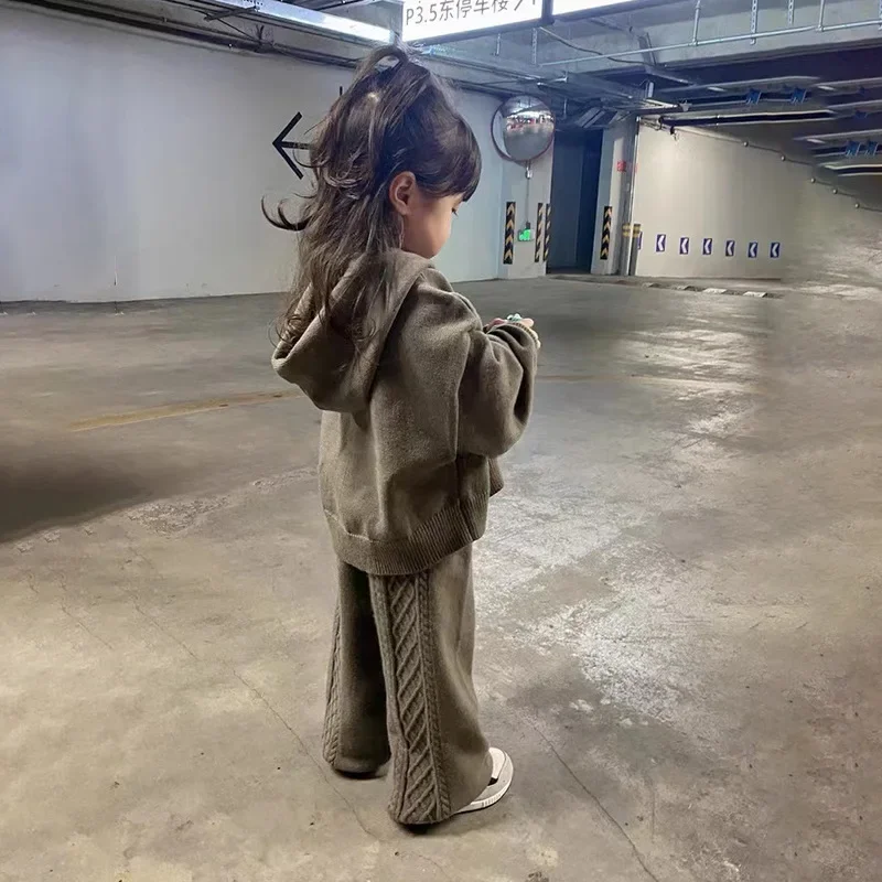 Girls Set 2024 Autumn Winter Casual Sweater Versatile Hooded Knitted Jacket Pants Two-piece Set Korean Version