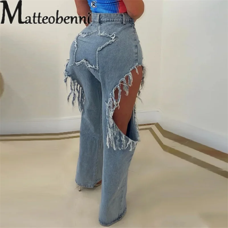 Sexy Broken Holes Splicing Tassel Straight Jeans Female Fashion Hollow Out Denim Pants Trend Casual Streetwear Women's Trousers