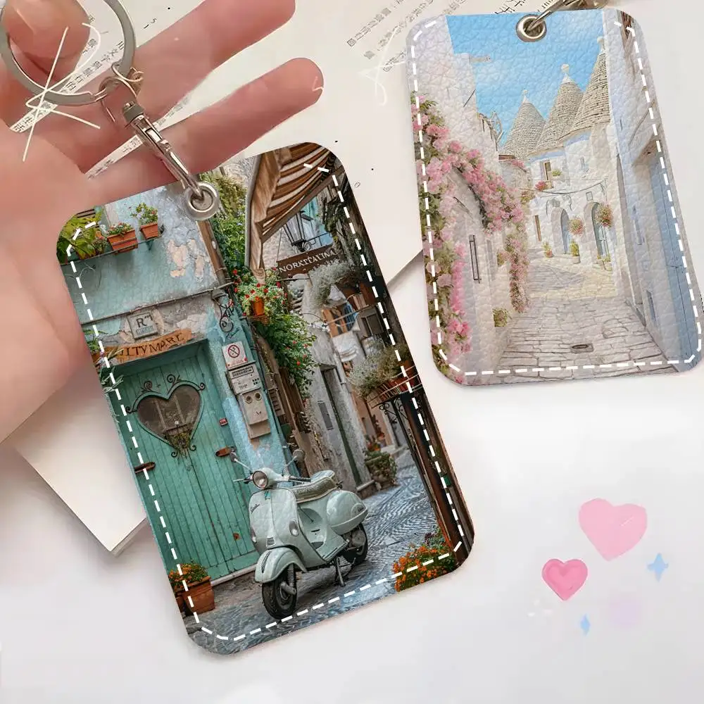 Greece Santorini France Europe Landscape Card Case Keychain Access Card Bag Key Tag Ring Leather Card Holder Key Ring Access