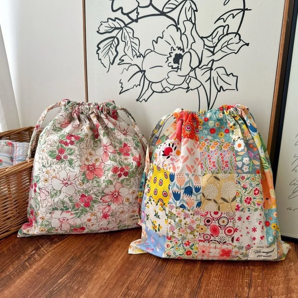 New Reusable Floral Drawstring Bag Lightweight Vintage Style Cotton Drawstring Bag Flower Storage Bag Travel Organizer