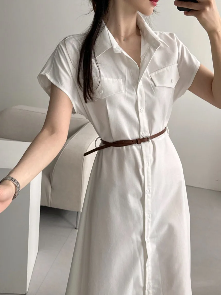 

Ele Chic Collared Vintage Dr with Belt Mid-Length Women's Summer Faionable Simple Color ort Sve Dr