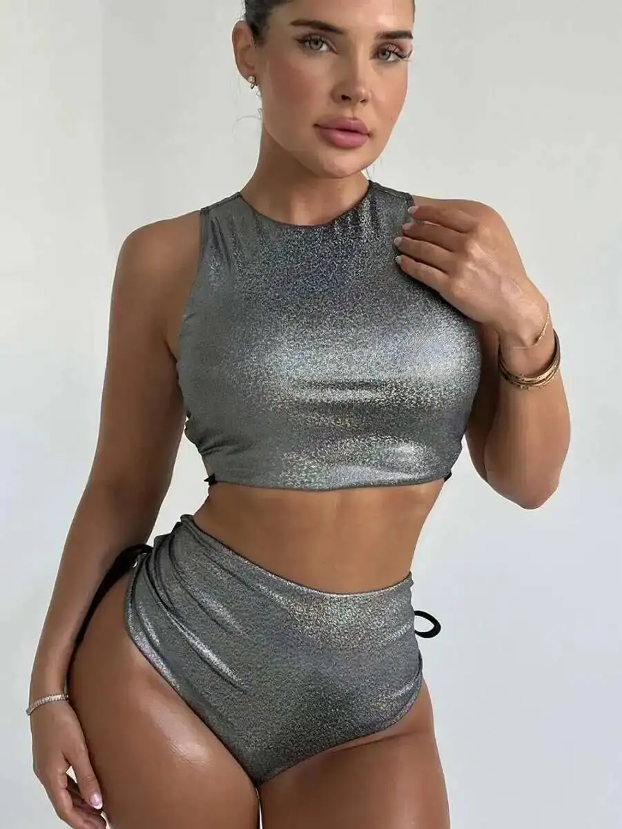 

New Women Shiny Outfit Strappy Bikini Sets Bra Top Panty Bottom Swimsuits Beach Shorts Sets Charming Drawstring Sleeveless 8P5Q