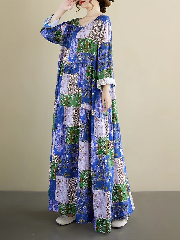 

Синяя клетчатая юбка из хлопка и льна с принтом, круглая юбка трапециевидной формы Ne Dr для женщин среднего возраста, осенняя новинка Sle Sweet Sle