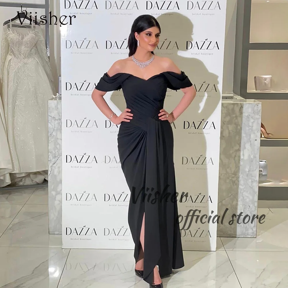 

Viisher Black Off Shoulder Evening Dresses With Slit Pleats Satin Mermaid Prom Party Dress Dubai Arabia Formal Evening Gowns