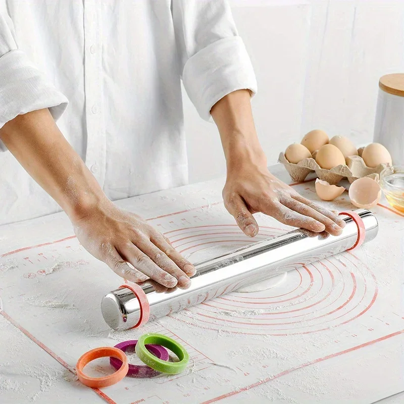 

Stainless Steel Rolling Pin with Measurement Scale Adjustable Thickness Non Stick Pastry Mat Dough Roller Professional Baking