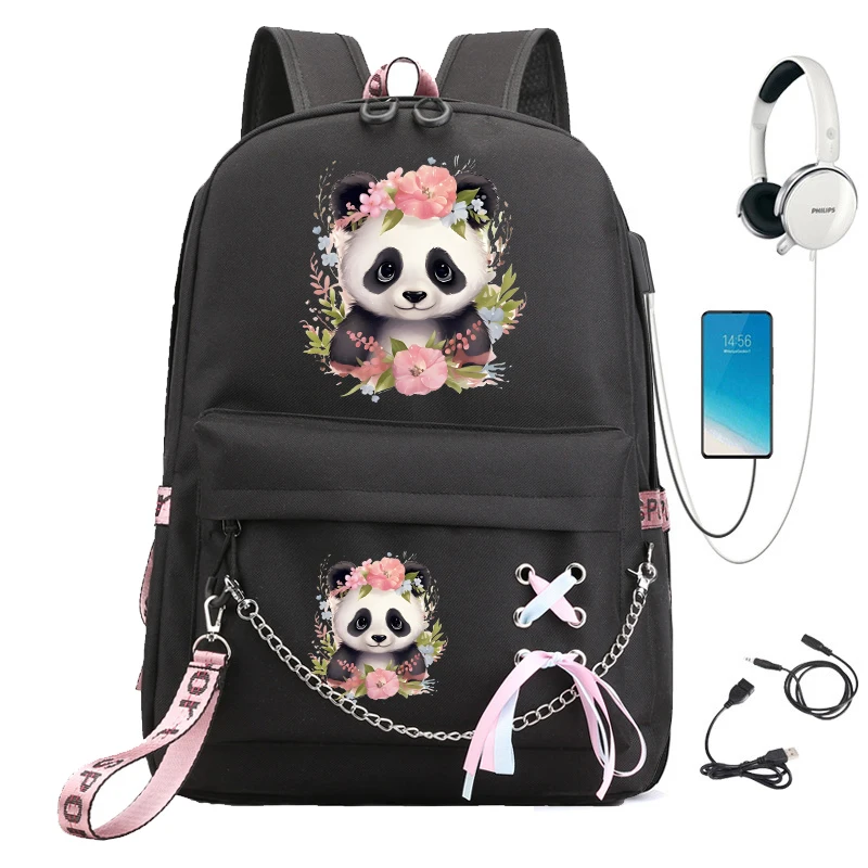 Tas ransel sekolah modis untuk anak perempuan, tas punggung perjalanan motif bunga Panda lucu, tas buku Usb