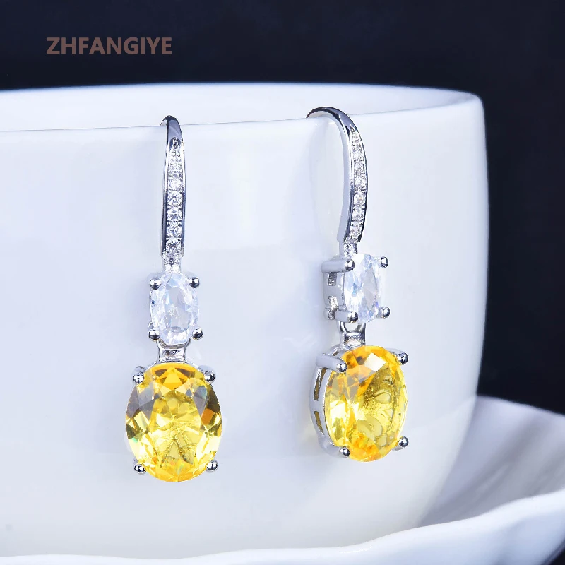 

ZHFANGIYE Women Earrings Silver 925 Jewelry with Citrine Zircon Gemstone Drop Earrings for Wedding Party Promise Gift Ornaments