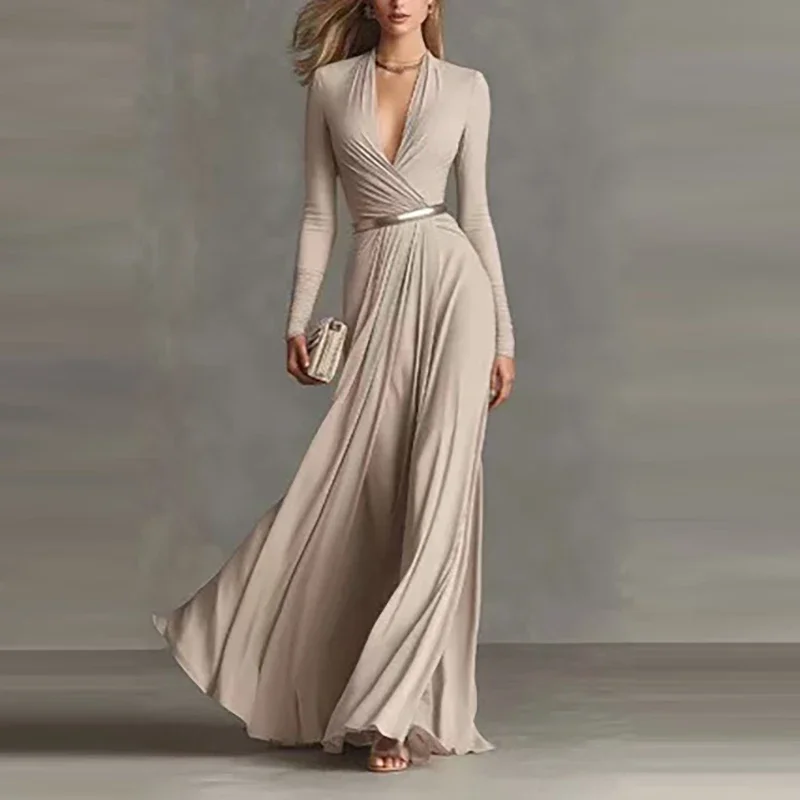 

Casual V Neck Long Sleeve Pure Dress Spring New Pleated Evening Party Dress for Women Elegant Lady High Waist Commute Maxi Dres