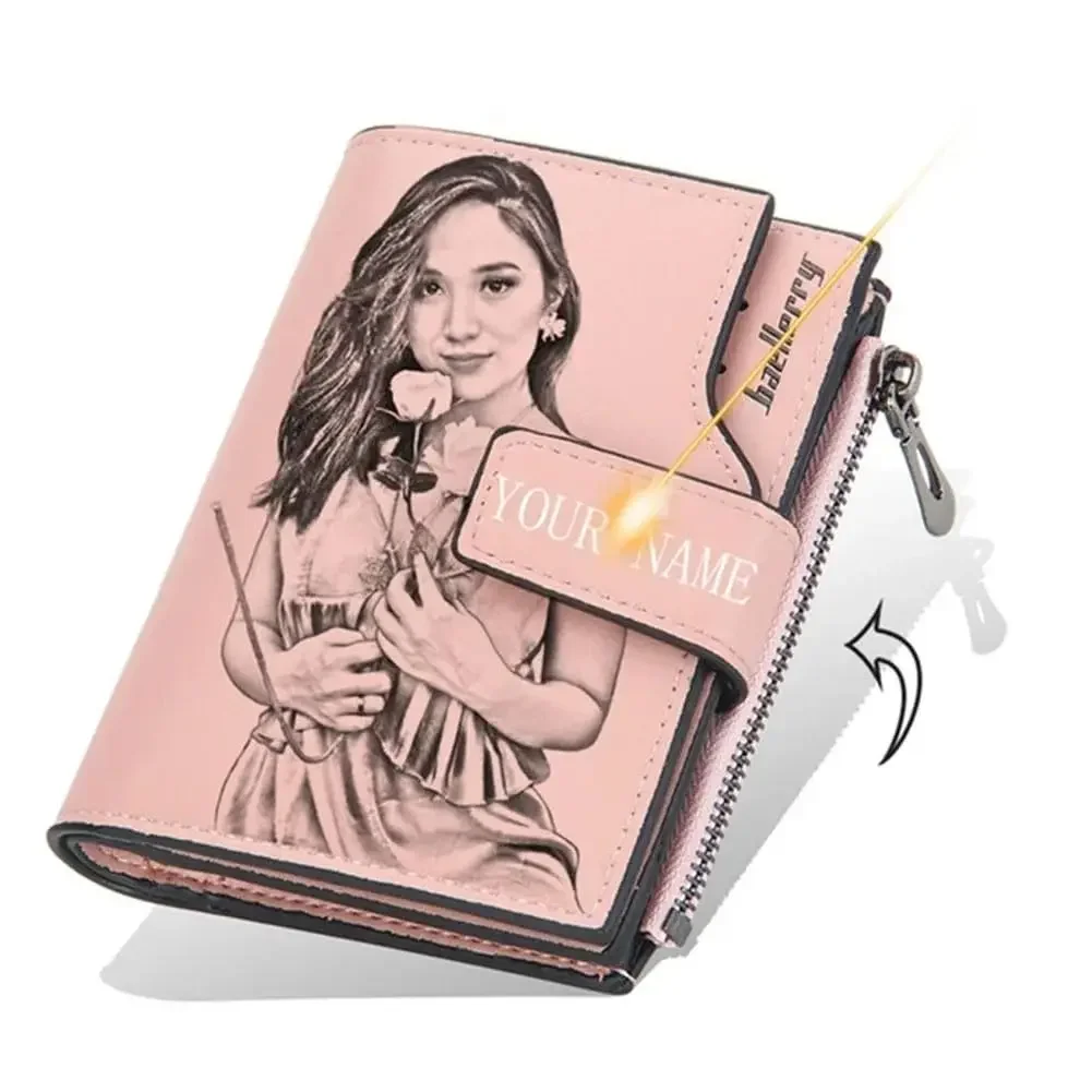 Women's Pink Custom Photo Wallet - Personalized Engraved Gift for Her - Valentine's Day, Anniversary & Birthday Present