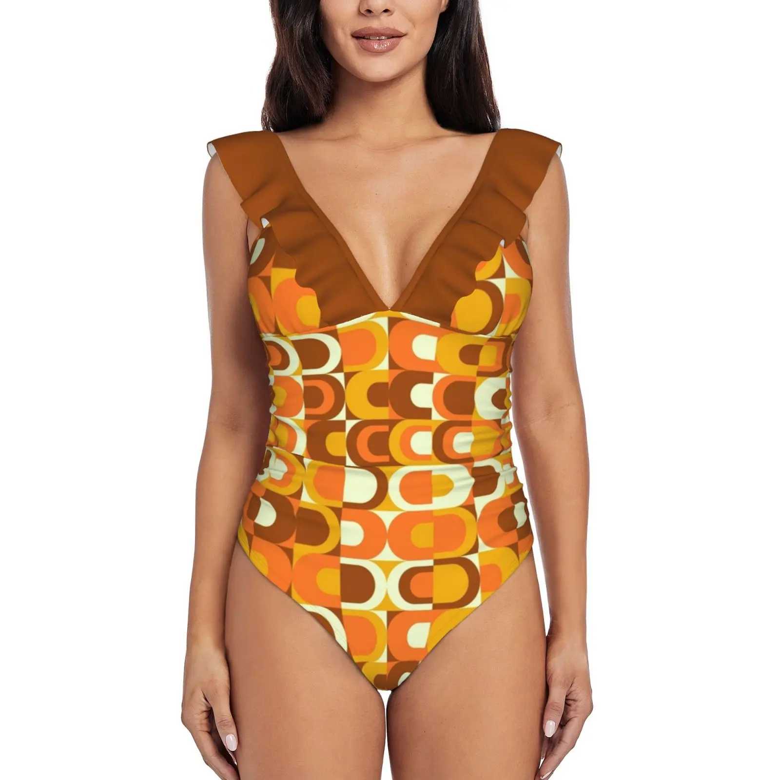 

70S Pattern Retro Inustrial In Orange And Brown Tones Women'S Ruffle One Piece Swimsuit Bodysuit One Piece Swimwear Bathing