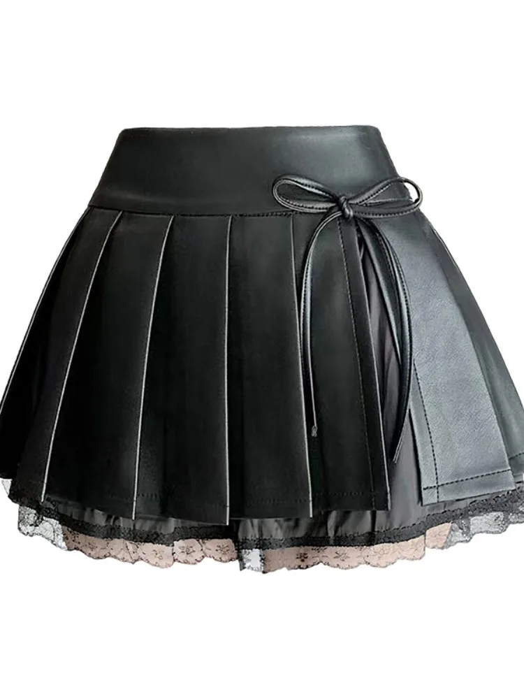 Princ Sle Falda ortopé plisada de cuero PU para mujer Otoño Invierno con ribete de encaje Nudo f Falda Anti-Light A-Line o...