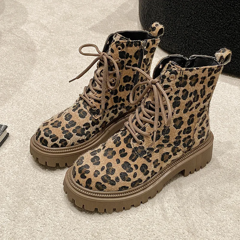 

Autumn Winter Fashion Leopard Boots for Women Height-increasing Platform Boots Women Lace-up Ankle Boots Female Botas Para Mujer