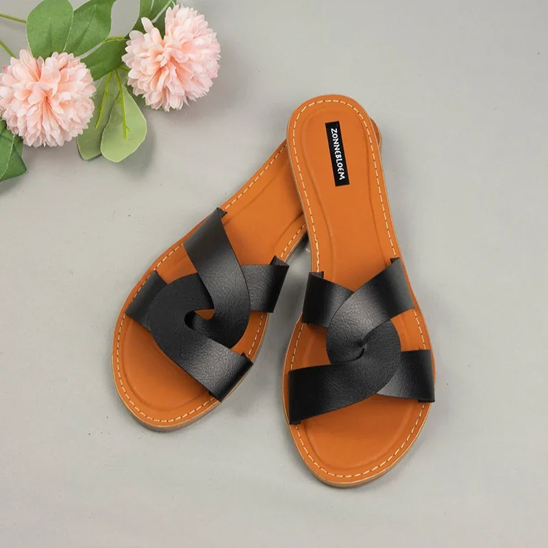 New 2024 Women Slippers Flat Summer Shoes Woman Outside Peep Toe Cross Beach Slides Leather Brand Designer Ladies Sandals