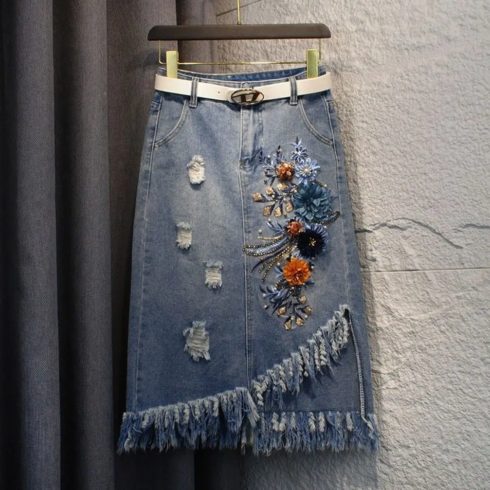 

Fashion 2025 spring summer denim skirt women's Korean three-dimensional flower fringed irregular burr straight skirt