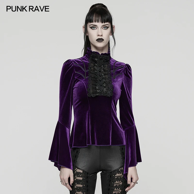 

PUNK RAVE женская элегантная готическая кружевная бархатная футболка с рюшами спереди, элегантные очаровательные расклешенные манжеты нестандартной формы, изысканные топы