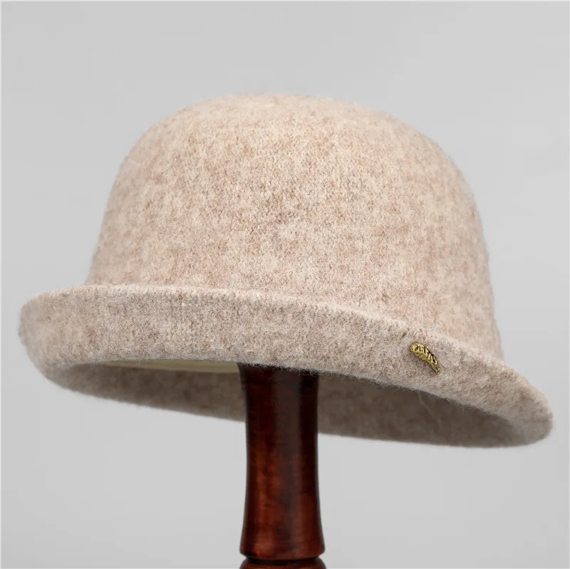 Wollrollrand-Bucket-Hut für Damen, weiche, warme Filz-Cloche-Kappe, einfarbig, Herbst-Winter, lässiger Fischerhut, Alltagskopfbedeckung – Detail 7