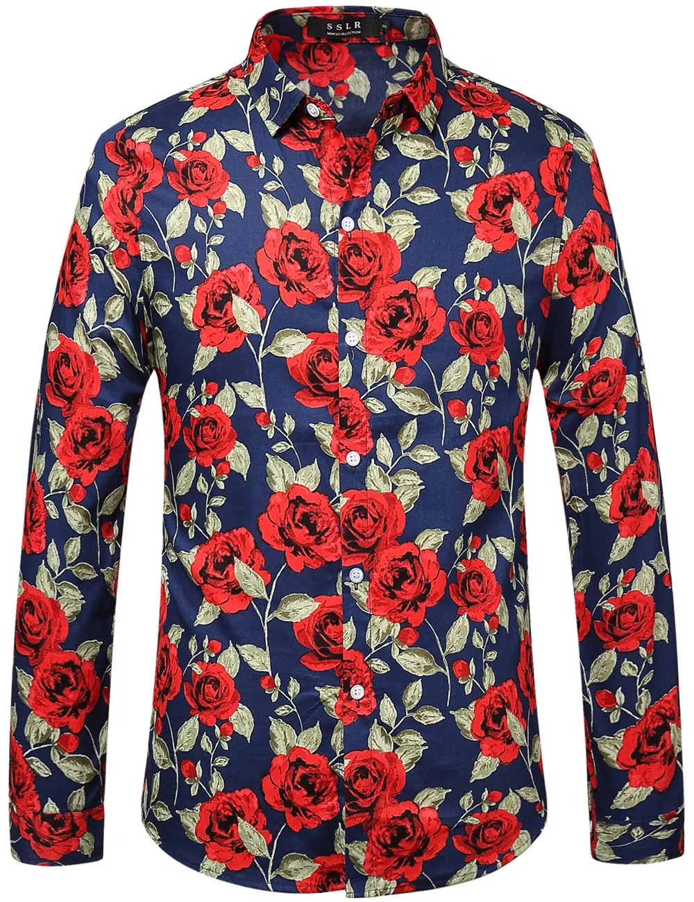 Men's long-sleeved shirt casual fashion 3d rose print shirt shirt men's lapel shirt long-sleeved New Year gift