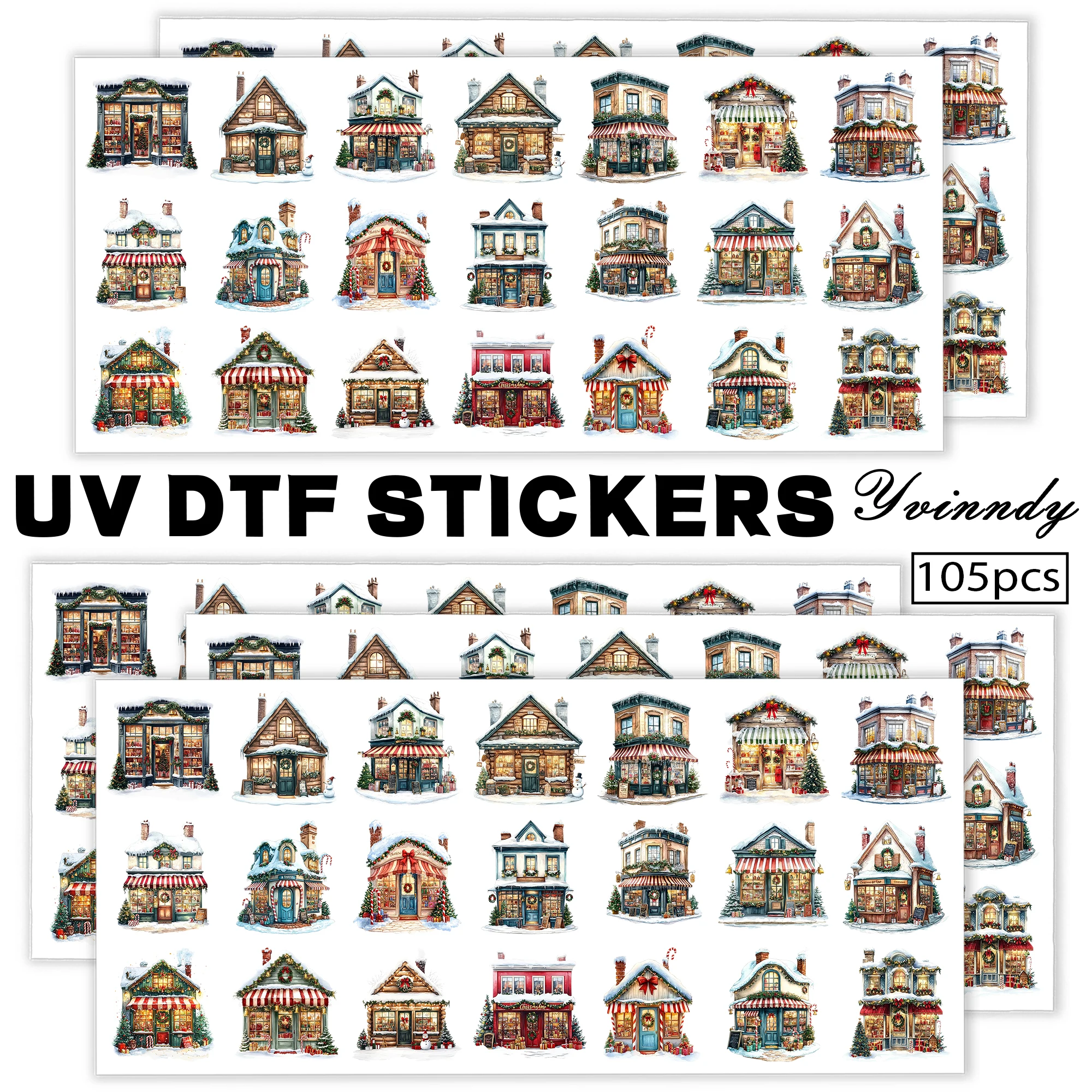 

105Pcs/Set Christmas Town Shops Keychain Transfer Paper UV DTF Transfer Paper Durable High-viscosity Transfer Paper