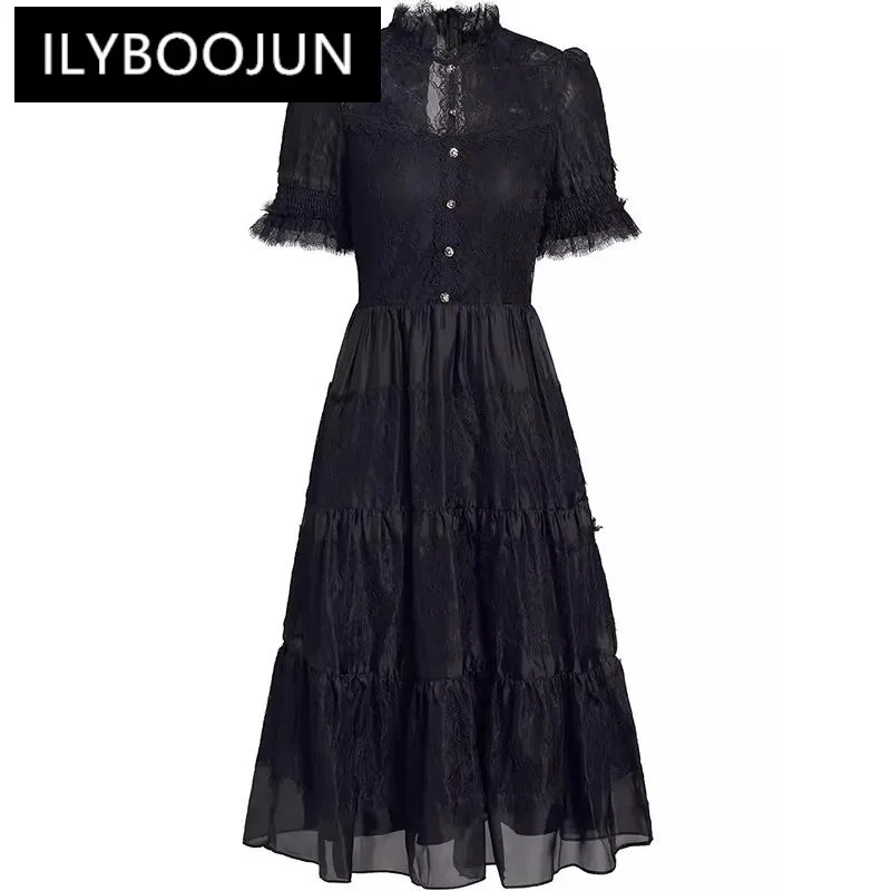 

ILYBOOJUN Fashion Summer Women's Dress Stand Collar Short-Sleeved Lace Splicing Celebrity Party Button Ball Gown Dresses