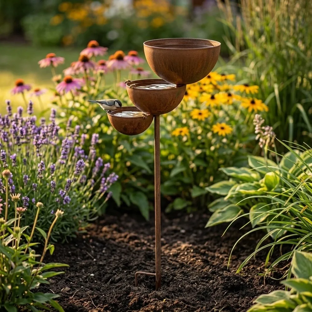 Metal Bird Watering Station Catcher Stake Bath Station Three Tiered Catcher Bath Pollinator Station Metal Bird
