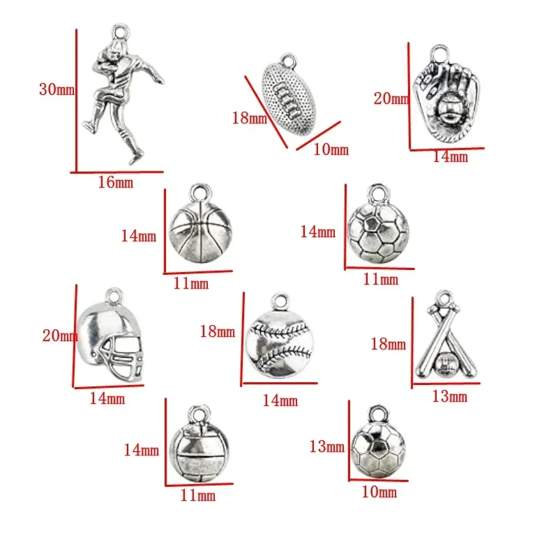 10pcs Mixed Antique Silver Plated Ball Games Sports Charms Baseball Football Basketball Pendants For DIY Jewelry Findings Making