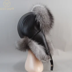 Brand Luxury Real Sheepskin Leather Cap Unisex Winter Russian Real Fox Fur Hat Warm Soft Quality Real Raccoon Fur Bombers Hats