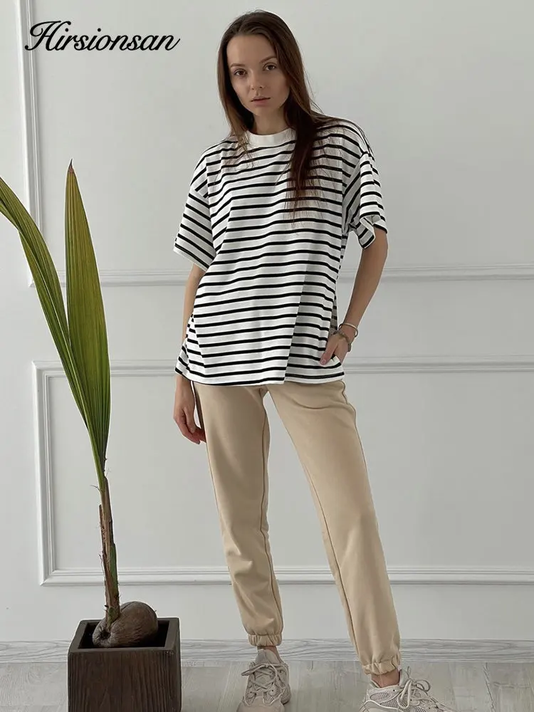 Hirsionsan Summer Oversized 100% Cotton T Shirt Women 2023 New Loose Striped Split Tees Casual Tshirt Basic Female Tops