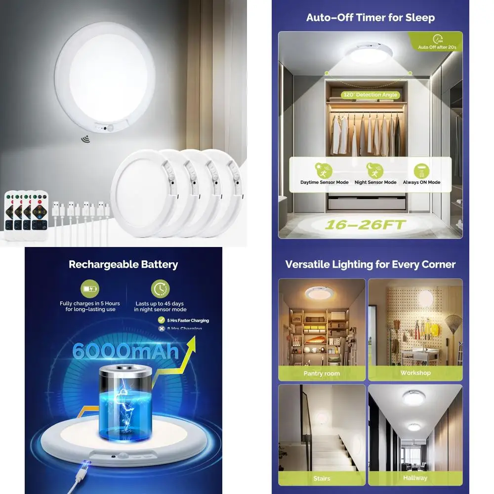 

Комплект из 4 перезаряжаемых светодиодных потолочных светильников с пультом ДУ, водонепроницаемые светильники для душа 7.48, с датчиком движения, диммируемые 3000K/4500K/6500K