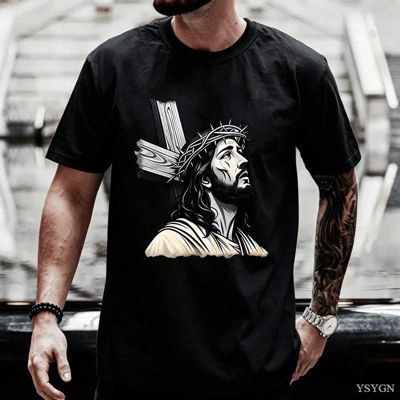 Men's T-Shirt with Detailed Jesus T Shirt Carrying Cross Graphic Tees Cotton Short Sleeve Men Women Tshirt Streetwear Clothes