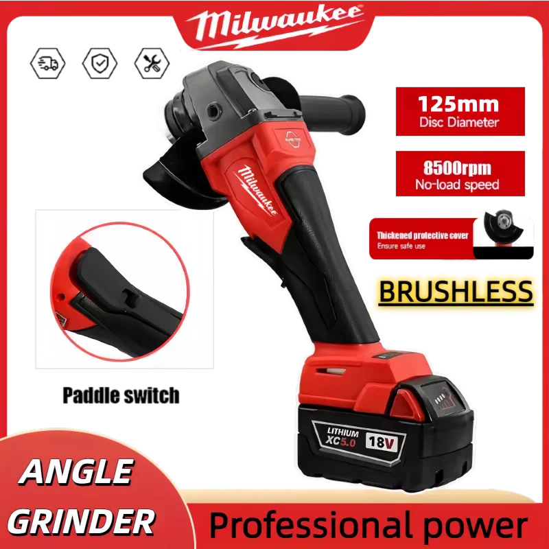 

125mm NEW Brushless Cordless Electric Angle Grinder battery powered Polishing Machine Power Tools For Milwaukee 18V Battery Pins