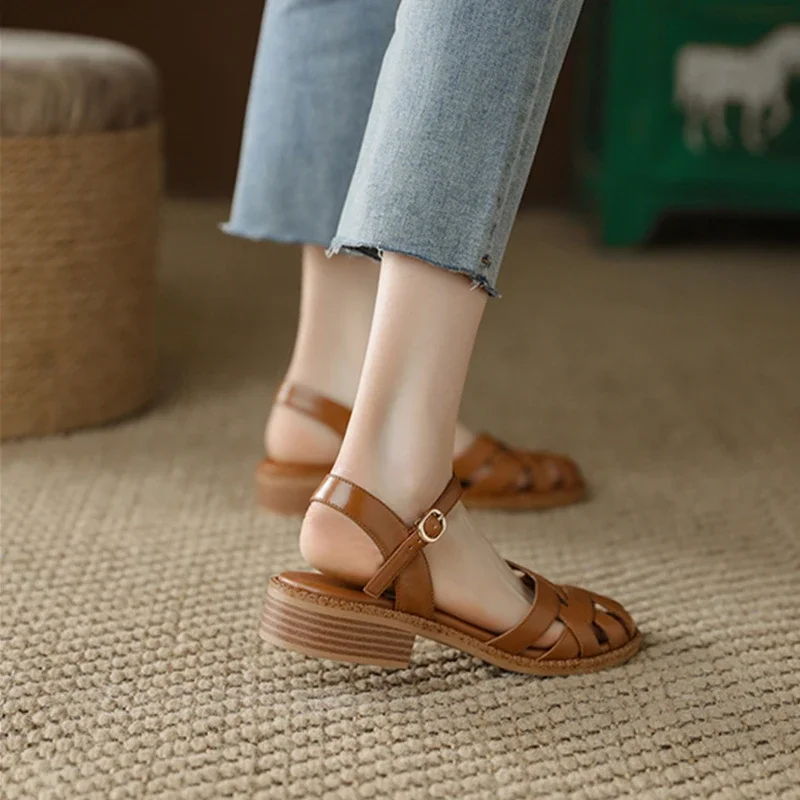 

Fashion Women Shoes 2025 New Heels Buckle Beige Heeled Sandals Square Toe Luxury Summer Retro Black Flat Strap Comfort Girls