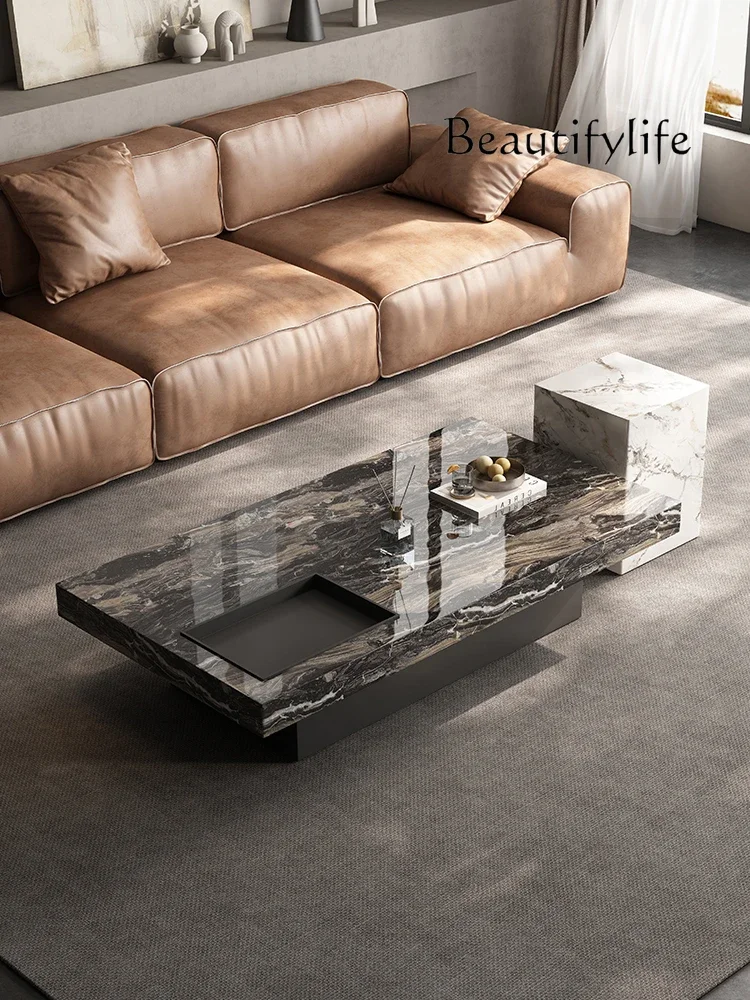 

Natural Marble Coffee Table Minimalist Light Luxury Rectangular Retro Style Designer Coffee Table