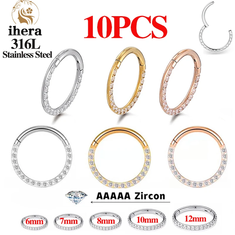 1/10 pz anelli al naso in acciaio inox setto Clicker CZ zircone segmento incernierato orecchini rotondi cerchi orecchio cartilagine Piercing gioielli