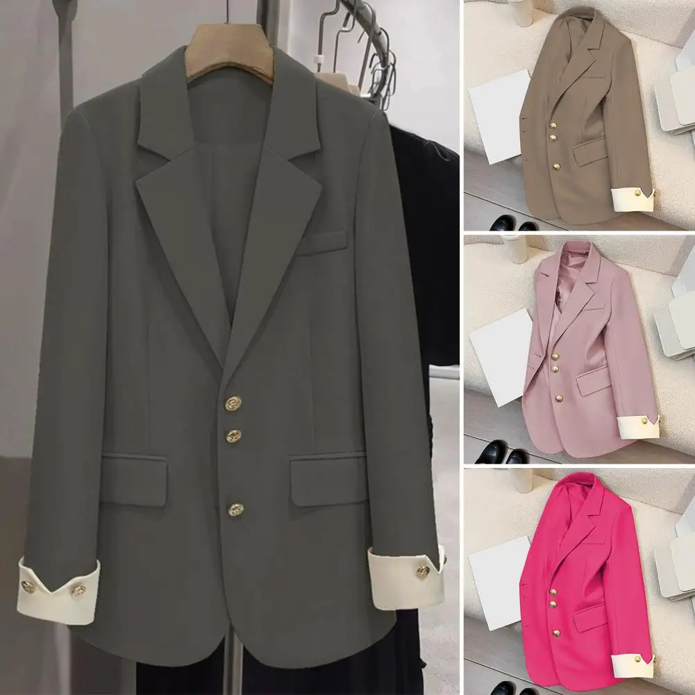 

Женский пиджак, женский костюмный жакет с лацканами, однобортный блейзер с накладными карманами, длинный рукав, свободный крой, для повседневной носки