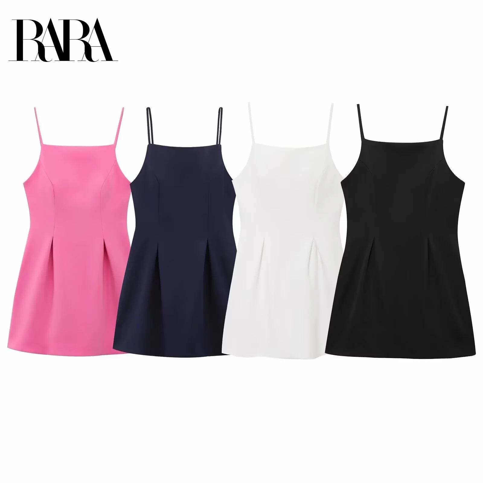 

RARA Women's Summer New Pleated Decorated Casual Elegant Square Neck Sleeveless Halter Mini A Line Dress Simple Solid Color