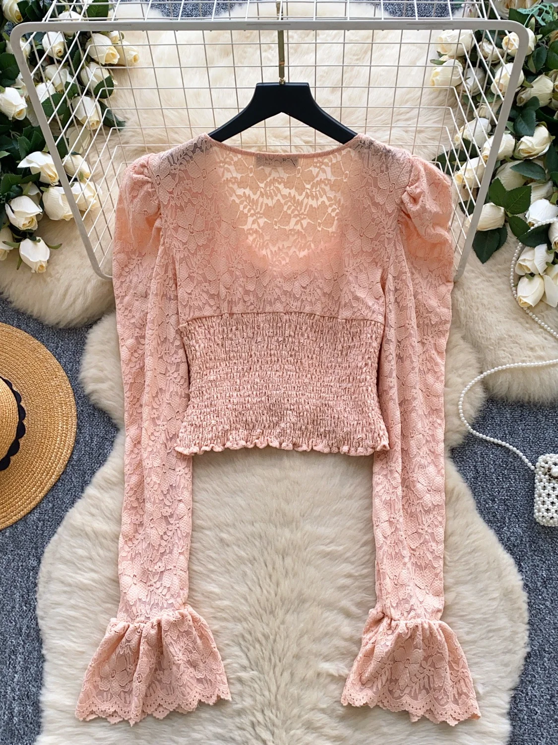 

Faionable Design Square Collar Pleated Slim Fit Flared Sve Lace ort irt Women's Autumn Versatile Ele Casual Knit...