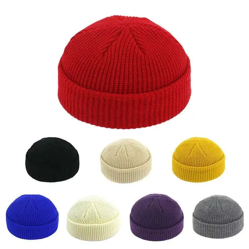 Unisex Autumn Warm Cap New Fashion Men\'s Beanie Winter Knit Hat Boy Skullcap Sailor Cap Cuffs Retro Navy Short Hat Solid Color