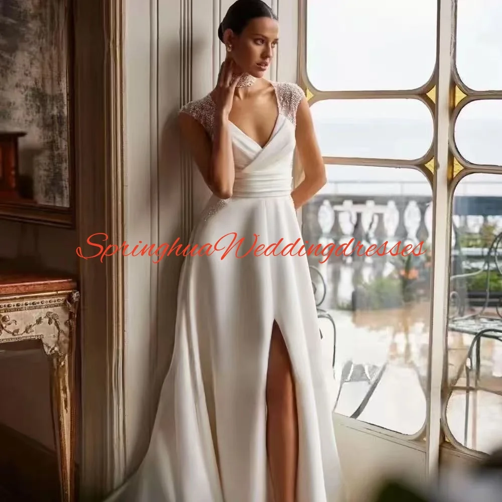 Customized Luxury V Neck Satin A Line Wedding Dresses Elegant Backless Appliques Robe Beaded Court Train Bridal Gown Cap Sleeve