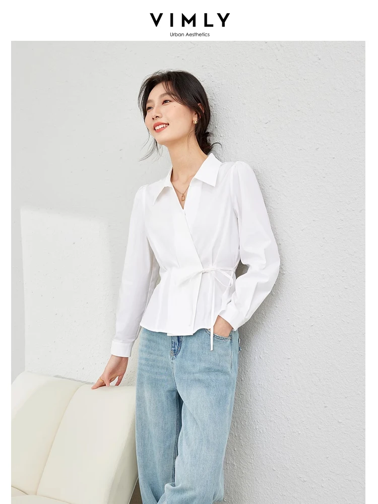 Vimly Spring Simple Lace-up White Shirt Woman 2024 Casual Long Sleeve Top Lapel Puff Sleeve Covered Button Blouse Women M5971