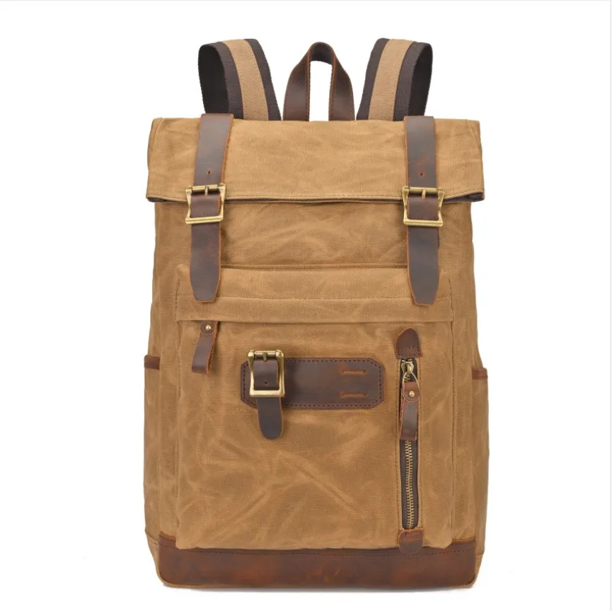 

[Вощеный холщовый рюкзак] Классический легкий большой вместительный новый вощеный рюкзак Винтажный кожаный рюкзак Crazy Horse для путешествий на открытом воздухе