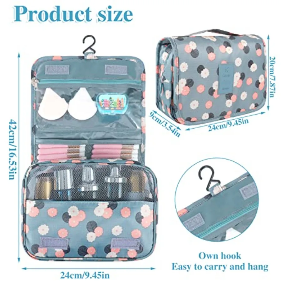 Hanging Toiletry Bag for Women, Portable Cosmetic Summer Beach Bag, Floral 4 compartments, hanging hook, travel makeup bag, wat