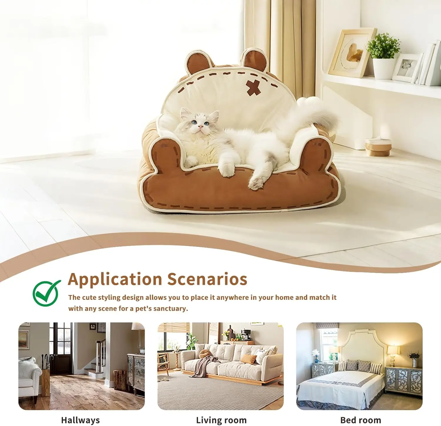 Cat Couch Bed with Bear Ear, Fluffy Pet Sofa for Cats Up to 20 lbs, Non-Slip Bottom, 25'