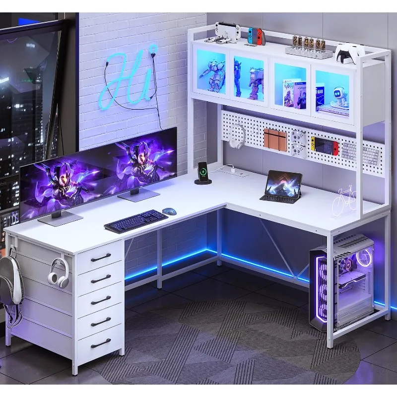 L Shaped Gaming Desk with Drawers, with Hutch and Storage Shelves, with Pegboard, Led Lights, and Power Outlet, White