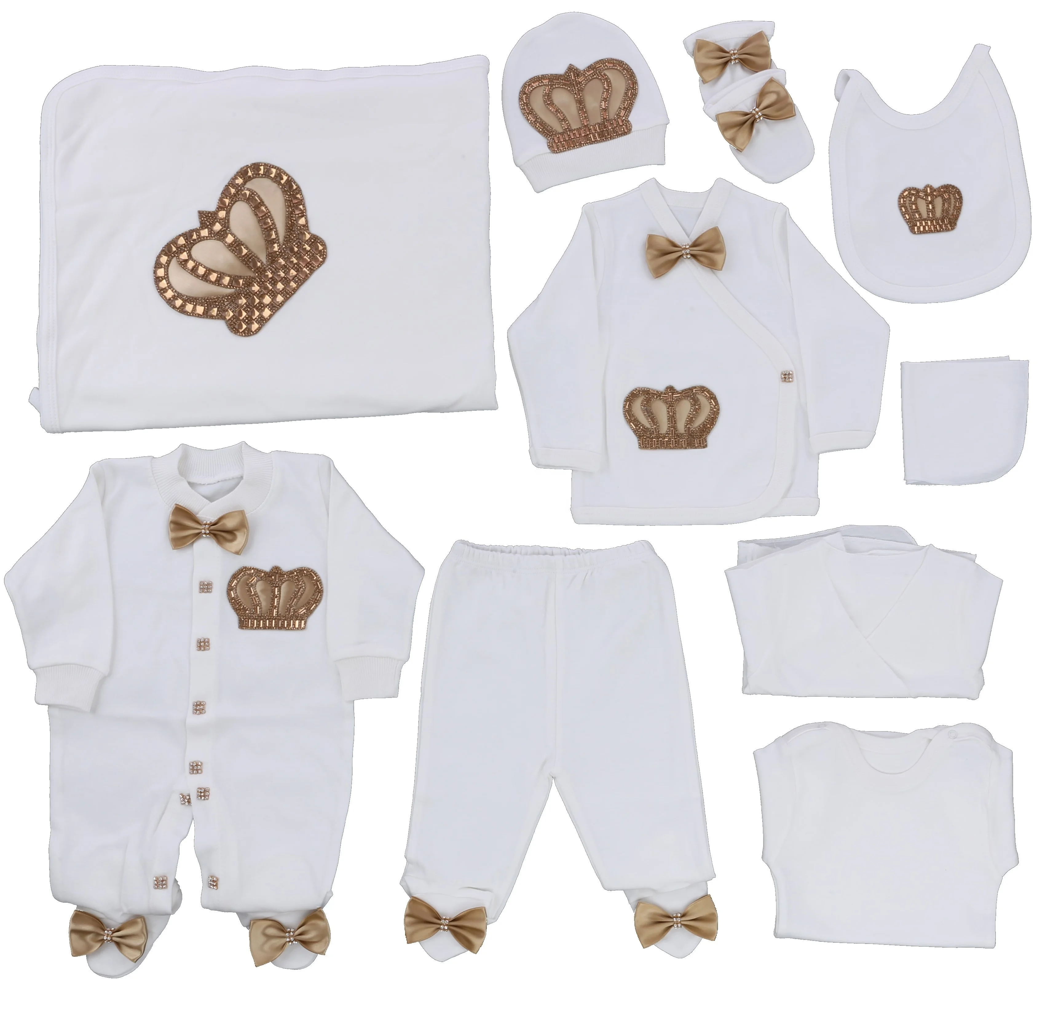 Wholesale Custom Modern Luxury 100% Cotton Fabric Knitted 10 Pieces High Quality Gold Long Sleeve Bamboo Bubble Baby Romper Set