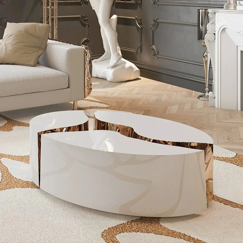 #Irregular Nesting Coffee Tables, Modern Stainless Steel Coffee Table Set of 3 with High Gloss White Top & Gold Mirror Finish